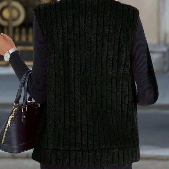 Black Casual Women's Zip-Up Stand Collar Vest Jacket - Picture 3 of 6